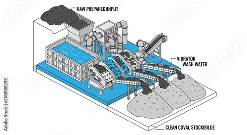 Sleek Isometric of Coal Washing Process with Raw Input Vibrator Wash Water and Clean Coal Output