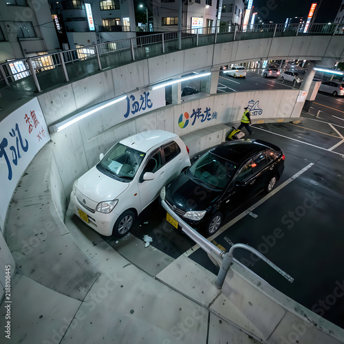 Underground parking garage concrete walls two cars white compact car