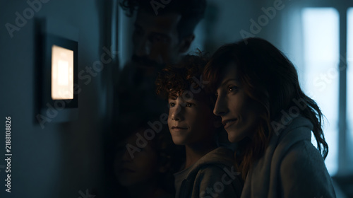 A family of four looking at a glowing smart home control panel in a dark room with children stands together