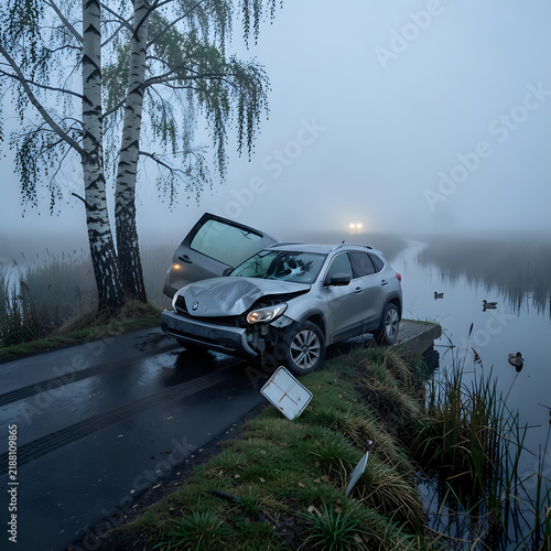 Silver SUV damaged front crumpled bumper open driver's door parked on