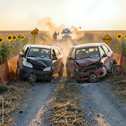 Two damaged cars black and red crashed head-on on a gravel road in a