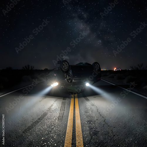 Car crash overturned black car headlights on yellow centerline starry