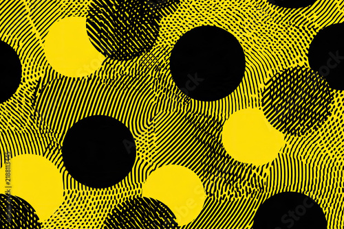 Circle memphis abstract pattern. Geometric perforation circles, minimalism style print. Rounded repeated art, black yellow elements recent seamless texture  