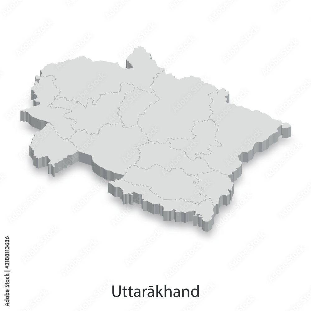 Fototapeta premium 3D Map of Uttarakhand, India - Political Boundaries and Districts