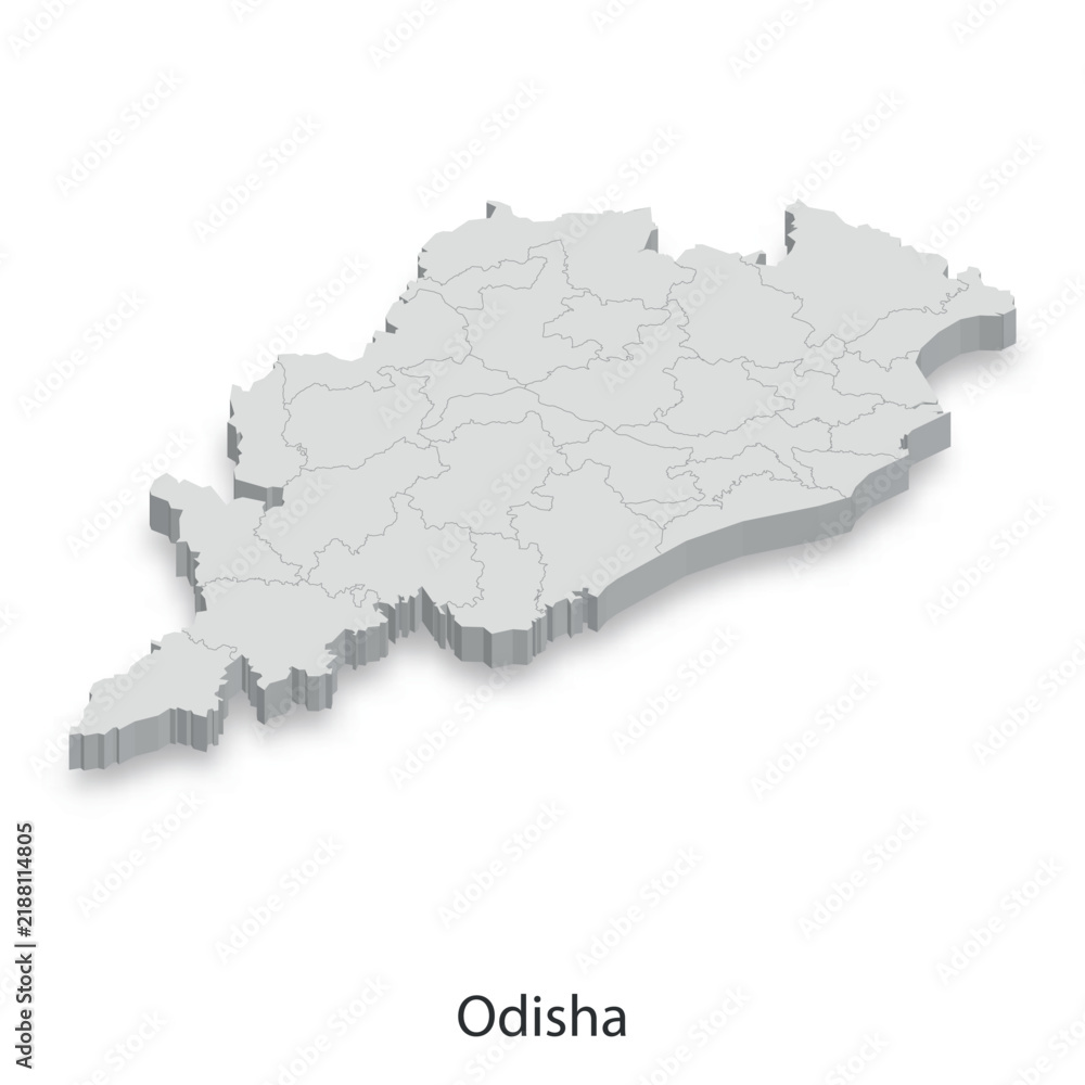 Fototapeta premium 3D Map of Odisha, India - Districts and Boundaries