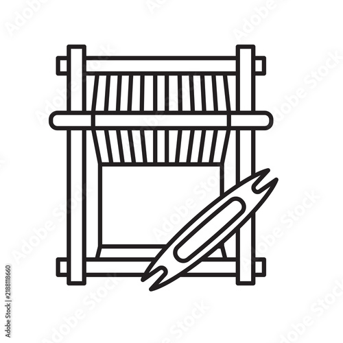 Detailed line art icon of a wooden frame loom with shuttle used for tapestry weaving.