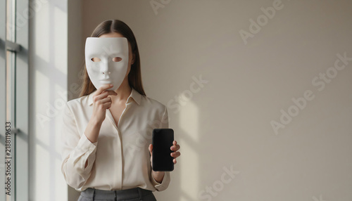 Woman Wearing Mask and Using Smartphone Representing Digital Identity