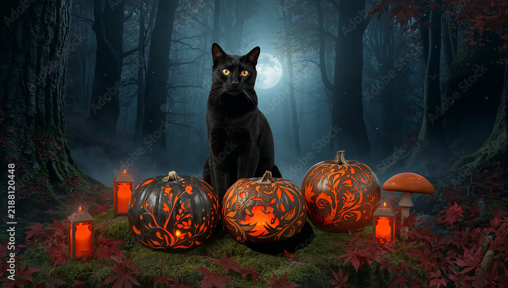 Obraz premium Black cat sitting among glowing carved jack o lantern pumpkins in enchanted dark forest at night with halloween mystical woodland mysterious seasonal decoration celebration atmosphere creature