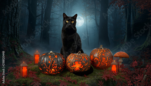Black cat sitting among glowing carved jack o lantern pumpkins in enchanted dark forest at night with halloween mystical woodland mysterious seasonal decoration celebration atmosphere creature