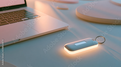 Illuminated rectangular keychain light and laptop on a soft pastel surface with geometric shapes in background