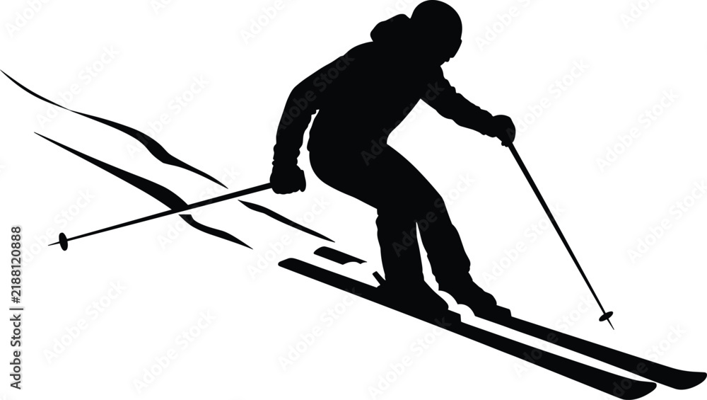 Fototapeta premium Skier Silhouette Downhill Skiing Action Pose Winter Sport Black Vector Illustration