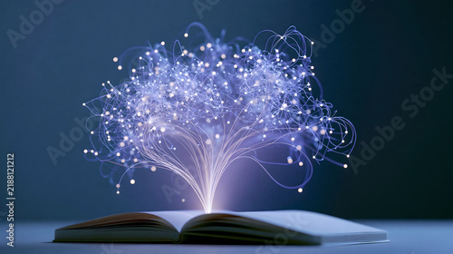 Glowing network of lights and lines emerges from an open book symbolizing knowledge with representing expansion knowledge concepts