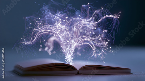An open book emitting glowing abstract energy particles with particles light strands against dark background