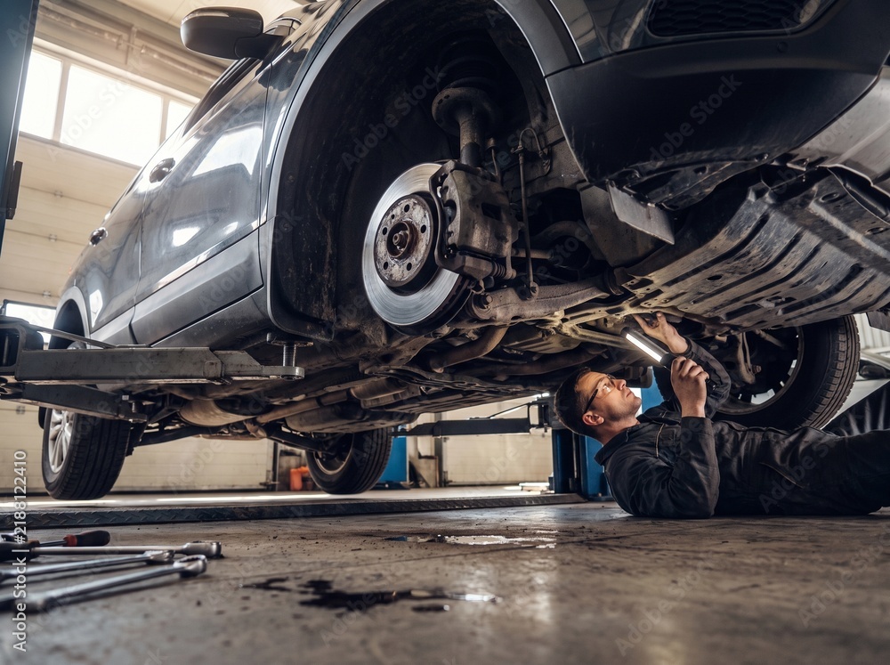 Fototapeta premium Professional mechanic lying under lifted car inspecting undercarriage and brakes with flashlight in auto repair shop