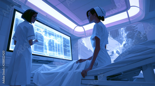 Two nurses in white uniforms reviewing medical data on a large digital screen in a futuristic hospital room