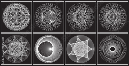 Sacred geometry mandala and eclipse pattern set for spiritual design projects, cosmic branding themes, and decorative artwork application