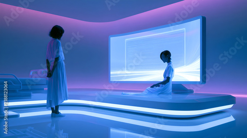 Two women standing and sitting in a futuristic room with a large glowing digital display screen
