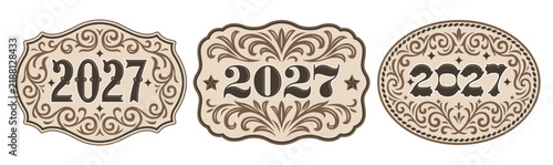 Old west style cowboy buckle Ornate classic medal typographic emblem, label design vintage color tag floral frame twenty twenty seven Luxurious Shape
