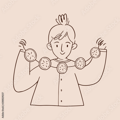 Whimsical person holding a dried orange slice garland, hand drawn Scandinavian minimalist cozy seasonal sketch illustration