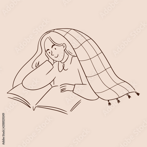 Cozy woman reading a book under a plaid blanket, whimsical hand drawn Scandinavian minimalist line sketch illustration