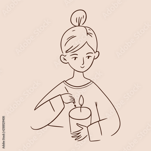 Whimsical woman lighting a candle, hand drawn Scandinavian minimalist cozy line sketch illustration