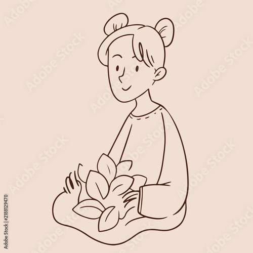 Whimsical woman sitting with autumn leaves in her lap, hand drawn Scandinavian minimalist line sketch illustration