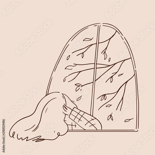 Whimsical woman watching falling autumn leaves through an arched window, hand drawn Scandinavian minimalist cozy line sketch illustration