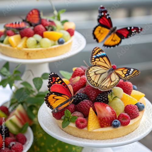 Fruit dessert with butterflies