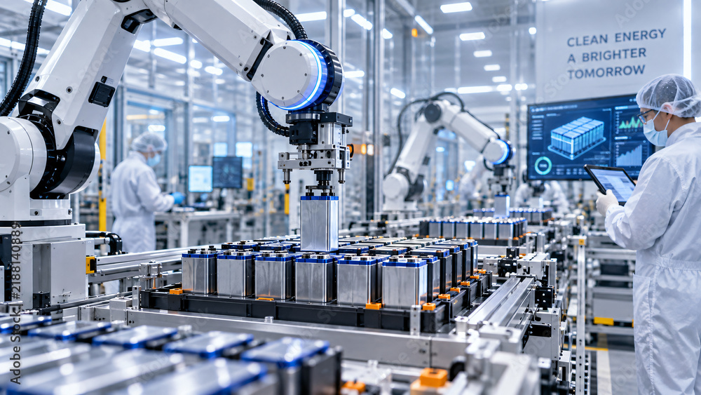Fototapeta premium Advanced robotic arms assembling cylindrical battery cells on an automated production line inside a clean high-tech manufacturing facility