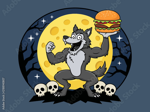 Bild auf Leinwand Funny Cartoon Werewolf Holding Cheeseburger Against Full Moon
