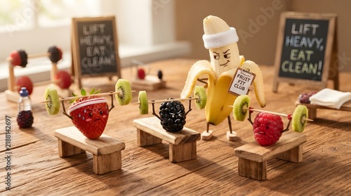Healthy Lifestyle Fruits are exercising and lifting weights, promoting a fit and nutritious diet for a balanced life