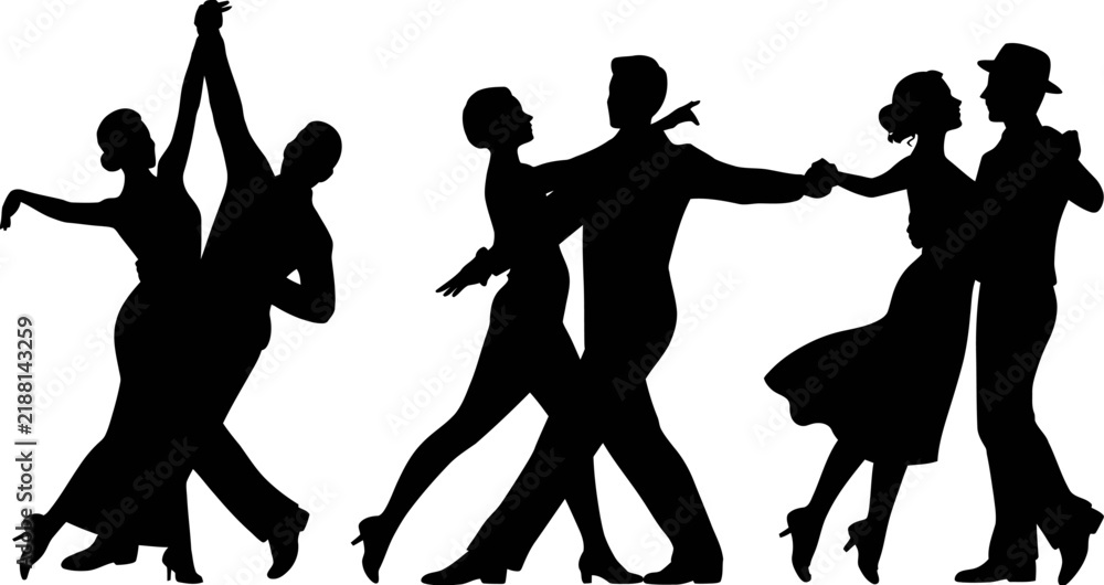Fototapeta premium Dancing couples silhouettes set, ballroom dancers performing tango, salsa, swing steps together isolated on white background vector illustration.