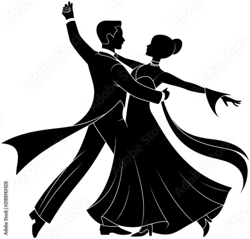Foto Silhouette of elegant dancing couple, man in suit and woman in gown performing ballroom dance isolated vector illustration for design