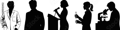 Silhouette of diverse professionals, scientists, speaker, laboratory researchers, and business people set isolated on white background vector illustration.