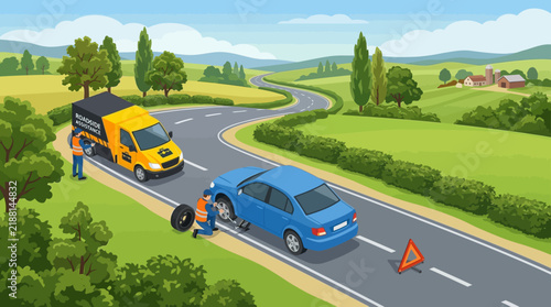 Car repair on scenic country road: flat tire assistance, breakdown service van