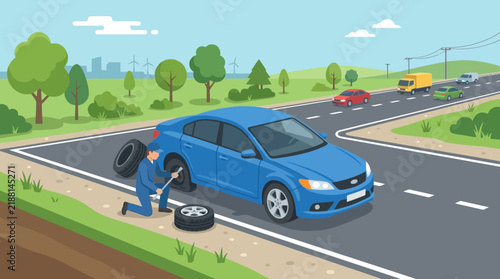 Car Tire Repair on Roadside
