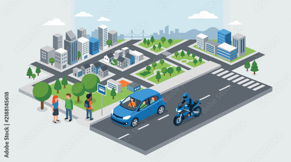 Fototapeta premium Cityscape with vehicles and people on road and isometric buildings