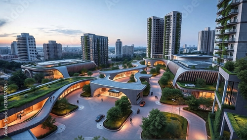 Modern futuristic urban residential complex with curving green rooftop walkways and skyscrapers at dusk