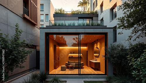 Modern luxury pavilion interior with warm wooden paneling sliding glass doors and terrace garden