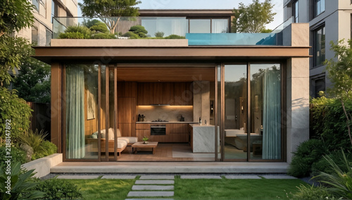 Modern luxury residential villa with open glass sliding doors kitchen interior and rooftop swimming pool