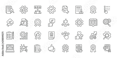 Quality Management icons in line design. quality management, control, checklist, inspection, standard, process, improvement on white background vector. Quality Management editable stroke icons.