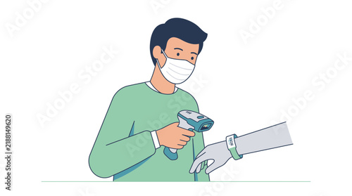 Man scanning wristband with thermometer, wearing face mask