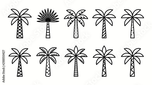 Set of minimalist black and white palm tree line art icons on a clean white background, representing summer vacation branding and provides versatile tropical travel design elements