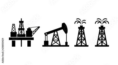 Black oil industry icons set featuring offshore drilling platform, pumpjack and derricks isolated on white, illustrating petroleum extraction and representing energy production concepts