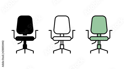 Three ergonomic office chair icons in silhouette, outline and green color style on white background, representing professional workspace, provides graphic elements for corporate office design