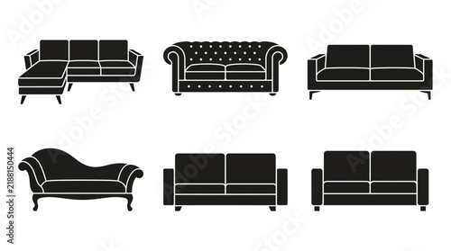 Set of various black sofa and couch silhouette icons on white background, illustrating professional interior design concepts and provides visual assets for home furniture catalog layout