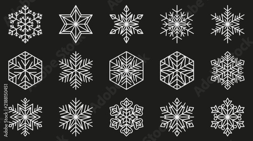 Collection of white geometric snowflake icons in various linear designs isolated on dark background, symbolizing winter season aesthetics and provides decorative elements for holiday design