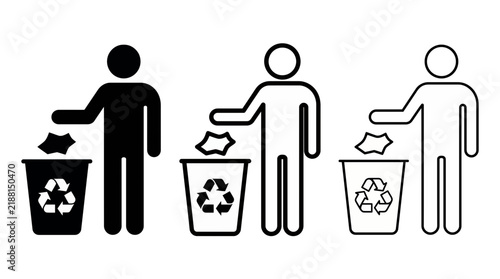 Vector set of person throwing trash into recycle bin icons in black and outline styles, representing eco-friendly habits and providing clear signage for public waste bins