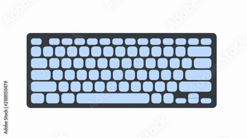 Minimalist flat vector illustration of a modern computer keyboard with blue keys and dark grey frame isolated on white, illustrating digital typing and provides hardware interface concept
