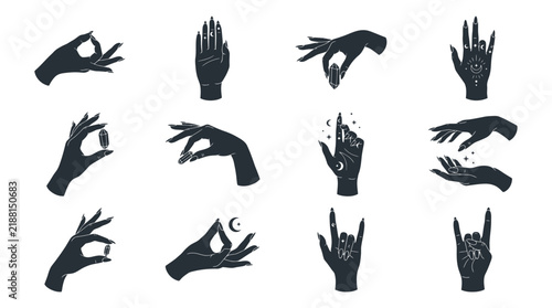 Set of black mystical hand silhouettes holding crystals with celestial moon and star symbols isolated on white background, symbolizing esoteric branding, illustrating astrological elements